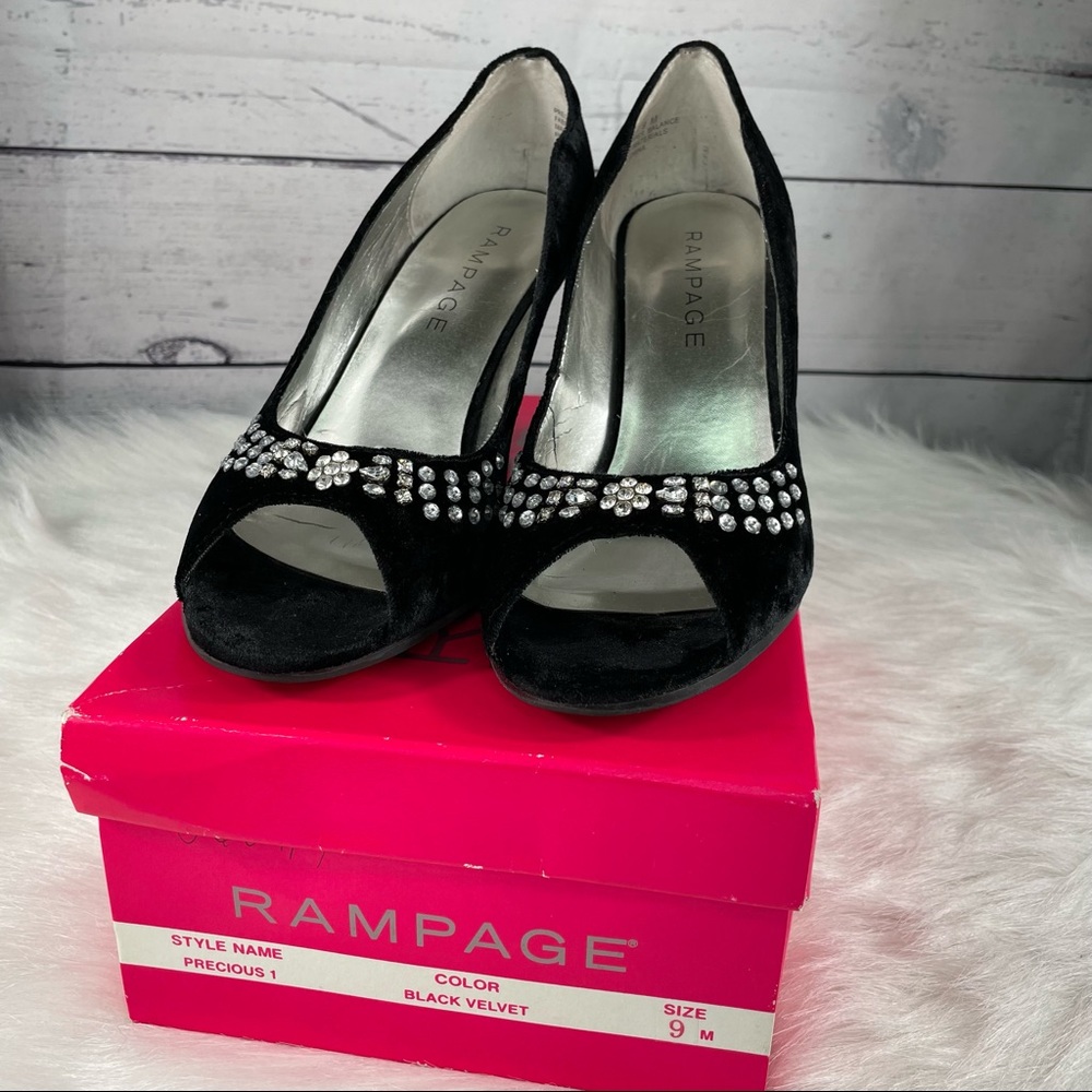 RAMPAGE Velvet Rhinestone Peep Toe Heels, Black, Original Box - Picture 2 of 11